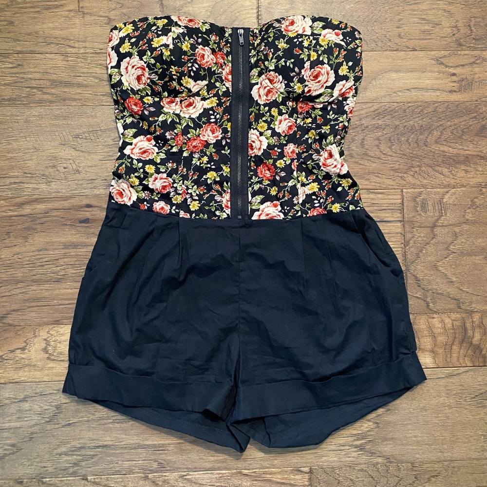 floral strapless romper